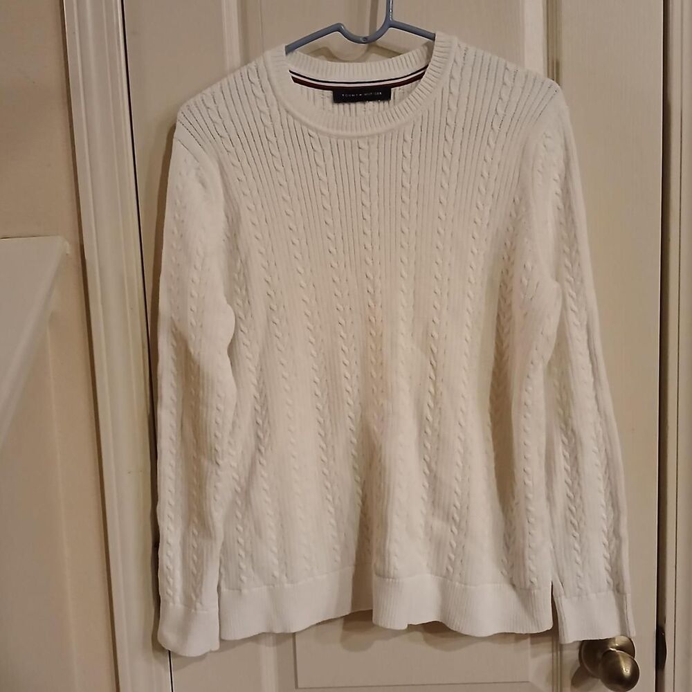 Tommy Hilfiger Women's White Cable Knit Crew Neck Sweater Preppy 21" Pit to Pit